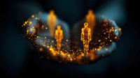 Glowing golden figures emerge from dark background surrounded by magical sparkles and ethereal light effects, creating mystical spiritual atmosphere.