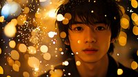 Young Asian male with gentle expression against blurred golden bokeh lights and sparkles creating dreamy atmospheric portrait with warm glowing effect.