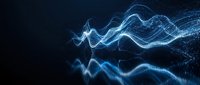 Abstract blue digital wave particles flowing on dark background with glowing light effects for technology and data visualization concepts.