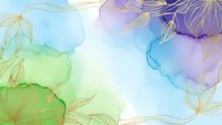 Watercolor floral background with golden line art flowers in pastel blue, purple and green tones for wedding invitations and feminine designs.
