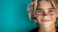 Young blonde boy with blue eyes smiling at camera against turquoise background. Happy child portrait with natural lighting and copy space for text or design.
