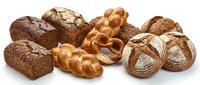 Assorted fresh baked bread and pastries including whole grain loaves, braided rolls, and twisted pretzels isolated on white background for bakery, food, and culinary design projects.