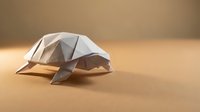 Origami paper turtle on a warm beige background, geometric folded art with soft shadows, minimalist craft concept for decoration.