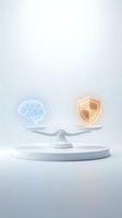 Balance scale weighing artificial intelligence brain against security shield on white platform representing AI safety and protection technology decisions.
