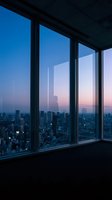 Panoramic cityscape view through floor-to-ceiling windows at dusk, featuring illuminated skyscrapers and urban skyline during twilight hours. Suitable for corporate, real estate, and lifestyle design projects.