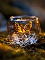 Glowing butterfly etched on glass candle holder with warm candlelight creating magical atmosphere against natural moss background, artistic macro photography.