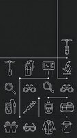 Medical equipment and laboratory tools line icons set on dark background for healthcare and scientific research applications.