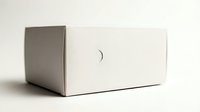 Minimalist white cardboard box with circular cutout handle on clean background for packaging and shipping solutions.