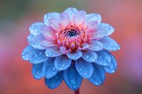 Pink and blue dahlia flower with water drops on petals against soft blurred background, creating dreamy macro photography effect. Fresh morning dew adds sparkle and romance.
