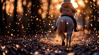 Silhouette of person riding horse through forest at sunset with magical golden bokeh light effect and falling snow creating dreamy atmosphere.