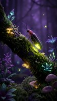 Glowing firefly on mossy tree branch in enchanted purple forest with luminous mushrooms and magical atmosphere for fantasy storytelling and nature concepts.
