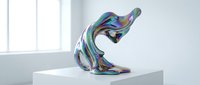 Colorful iridescent abstract sculpture with flowing curves displayed on white pedestal in bright gallery space, suitable for contemporary art and design projects.