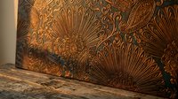 Ornate copper relief panel with intricate floral sunburst patterns and decorative scrollwork for luxury interior design and architectural applications.