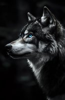 Majestic gray wolf with piercing blue eyes in profile against dark background, dramatic black and white portrait highlighting wild animal's intense gaze and fur detail.