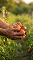 Farmer hands holding fresh colorful heirloom tomatoes in garden with warm sunlight and green plants in background for organic farming and harvest concepts.