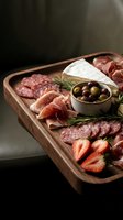 Gourmet charcuterie board with cured meats, soft cheese, olives and fresh herbs on wooden tray for entertaining and appetizer presentation.