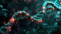 DNA strand with glowing turquoise and orange particles against dark background, molecular structure visualization showing genetic research and biotechnology concept.
