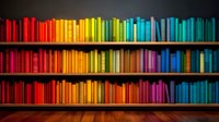 Colorful books arranged by spectrum colors on wooden shelves creating rainbow pattern against dark wall, modern library interior design concept for reading spaces.