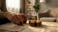 Elderly man arranging wooden blocks with brain and tree symbols on a table in a cozy living room, symbolizing mental health and memory care.