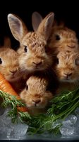 Adorable brown bunnies peek through fresh carrots with green tops on ice, creating playful composition against dark background. Perfect for Easter or spring designs.