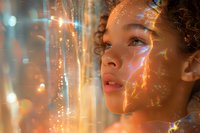 Young African American woman with curly hair in dreamy light with magical glowing effects and bokeh overlay, perfect for beauty, cosmetics, or wellness advertising.