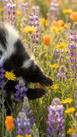 Adorable black and white puppy exploring vibrant wildflower meadow with purple lupines, yellow daisies and orange poppies in soft natural sunlight.