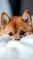 Adorable red Chihuahua puppy with big dark eyes peeking over white blanket, cozy indoor portrait of small dog breed for pet care and companionship concepts.