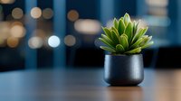 Green succulent plant in modern black ceramic pot against dark blurred background with bokeh lights, minimalist home decor and interior design element.