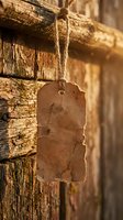 Vintage brown paper tag hanging from rope on weathered wooden fence post with warm sunlight creating rustic atmosphere for craft and design projects.