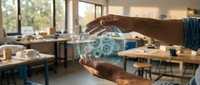 Hands protecting digital network icons in modern classroom environment showcasing technology integration in education and data security concepts.