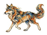 Ornate fox with decorative swirling patterns in gold, blue, and orange tones, isolated on white background. Suitable for clipart, t-shirt design, and digital artwork applications.