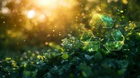 Glowing recycling symbol floating over green foliage with golden bokeh lights, environmental conservation concept for sustainability awareness.