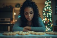 Young Hispanic woman with curly dark hair looking sad near Christmas cookies and decorated tree in evening, moody atmospheric lighting and bokeh.