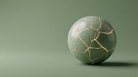 Cracked sphere with gold veins on matte green surface, isolated on matching background. Suitable for luxury branding, abstract design, and modern editorial use.