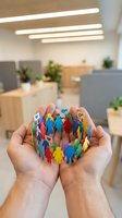 Hands holding colorful paper people figures in circle representing teamwork, diversity, community support and human resources in modern office.