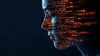 Digital profile silhouette with glowing orange code pattern overlay against dark background, representing artificial intelligence and machine learning technology.
