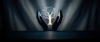 Two hands cradling glowing tree with light particles against dark background, symbolizing growth, protection, sustainability, and environmental care for business and nature concepts.