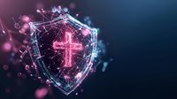 Glowing neon cross inside digital shield with network connections on dark background, pink and blue gradient lighting effects create modern religious technology concept.