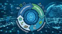 Circular economy concept with AI chip center showing sustainable development cycle including raw materials optimization and waste reduction on digital earth background.