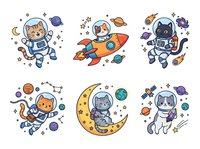 Cute cats in space suits floating among stars, planets, and rockets. Isolated cartoon characters on transparent background, ready for children's designs, apparel, and educational materials.