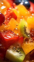 Fresh fruit salad with juicy chunks of strawberry, orange, pineapple, kiwi and blueberry glistening with water droplets in macro view.
