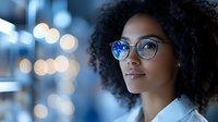 Young African American businesswoman with natural curly hair and glasses smiling confidently against blurred blue bokeh background, modern professional portrait.