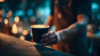 Hand holding takeaway coffee cup with latte art in atmospheric cafe with bokeh lights in background. Cozy evening ambiance.