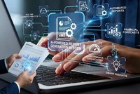 Business professional using laptop with AI-powered automated report generation system displaying financial analytics and smart insights interface.