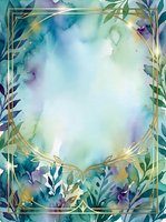 Watercolor floral frame with gold border and botanical leaves in teal, purple, and green tones. Isolated design element ready for invitations, cards, and posters.