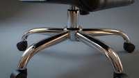 Modern office chair base with chrome metal star legs and wheels on neutral background for professional workspace furniture design.