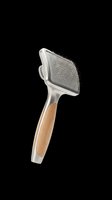 Pet slicker brush with wooden handle and metal pins, isolated on transparent background, ready for stickers, clipart, print on demand, and T-shirt design use.
