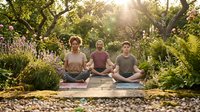 Three diverse adults practicing yoga meditation in peaceful garden setting with golden sunlight filtering through trees and lush greenery.