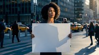 Young African American businesswoman holding blank white sign on busy urban street, protest or announcement concept, copy space.