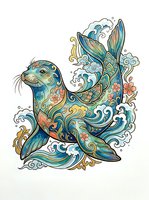 Ornamental sea lion with decorative swirls, floral patterns, and waves in teal, gold, and coral tones. Isolated clipart for design, apparel, and creative projects.
